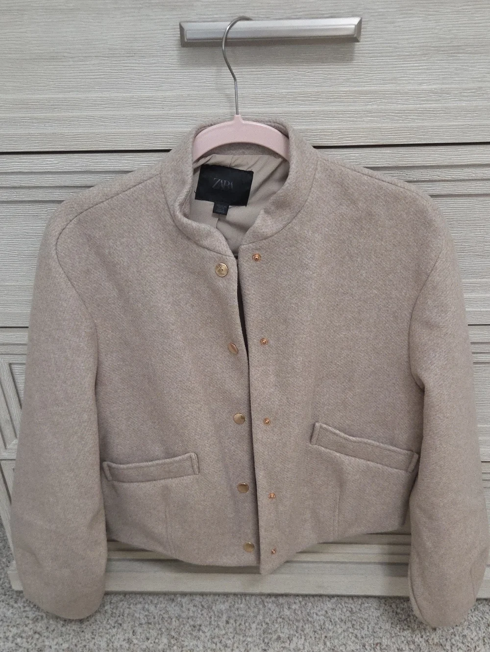 Zara Beige Collarless Wool-Blend Cropped Jacket